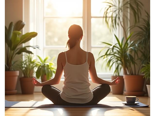 A person meditatively stretching in a serene, sunlit room, embodying holistic wellness and balance.