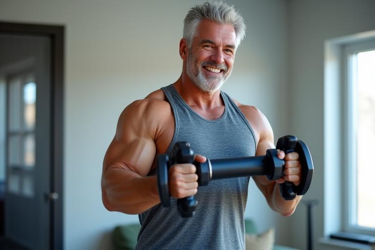 Middle-aged man lifting light weights in a home gym, representing fitness routines