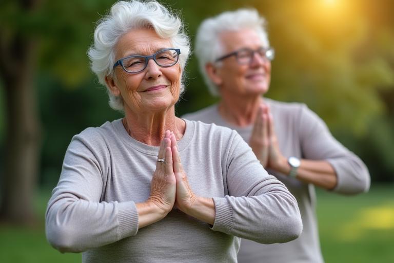 Senior couple doing yoga in a park, symbolizing healthy aging