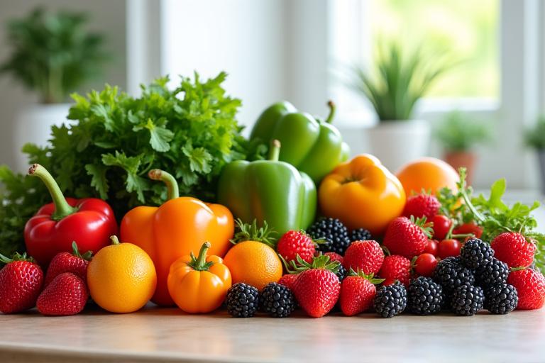 Fresh colorful fruits and vegetables on a kitchen counter, representing healthy eating