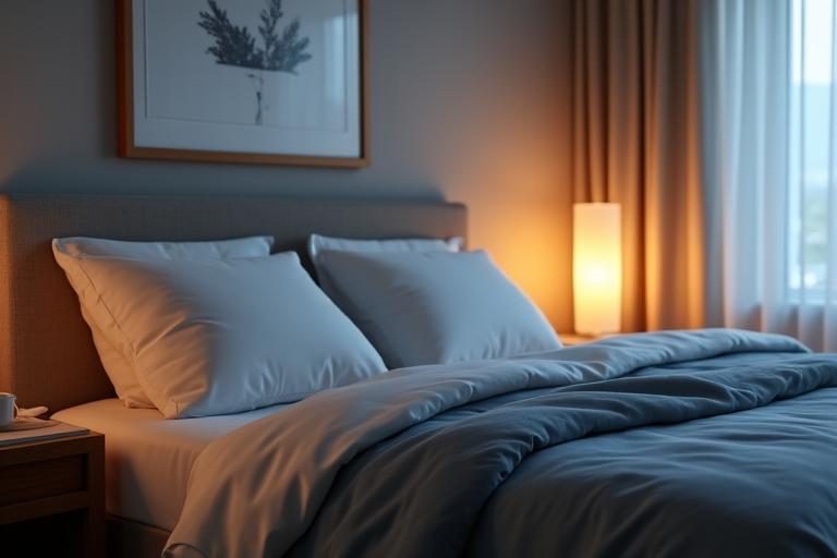 Peaceful bedroom scene with soft lighting, symbolizing good sleep hygiene