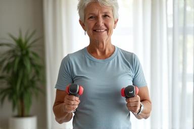 Senior woman exercising with light dumbbells in a bright, modern home gym