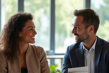 Woman and male coach discussing health goals in a bright, modern setting