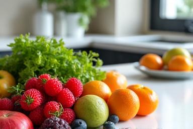 Fresh, colorful produce and a measuring tape on a kitchen counter, symbolizing healthy eating